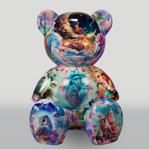 Colorful bear-shaped sculpture adorned with various fantasy-themed illustrations, including a crescent moon scene, unicorn, owl, heart, and fairytale castle.